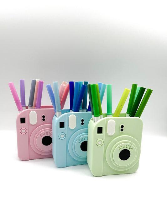 Personalized Retro Camera Desk Organizer | Custom Name Pen and; Makeup Brush Holder
