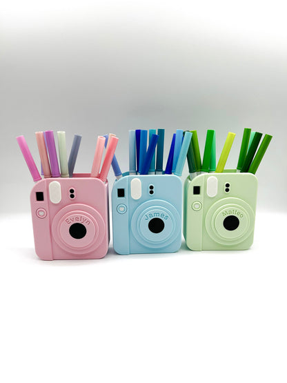 Personalized Retro Camera Desk Organizer | Custom Name Pen and; Makeup Brush Holder
